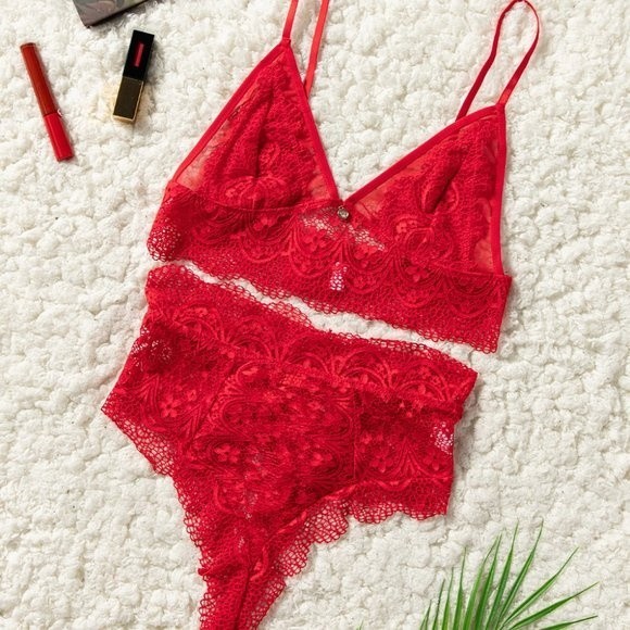 RED Strappy Lace Bralette High Waist Lace Up Panty - Picture 3 of 16